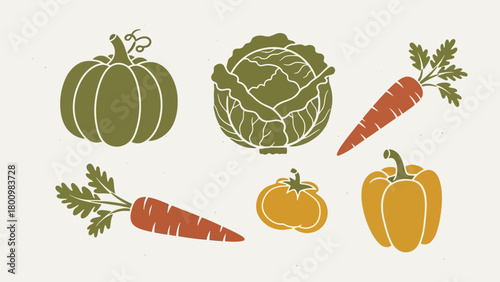 Harvest Vegetables Pumpkin, Cabbage, Carrots, Bell Pepper, and Tomato Illustrations