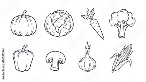 A beautiful set of hand-drawn vegetable icons in a minimalist line art sketch style for design