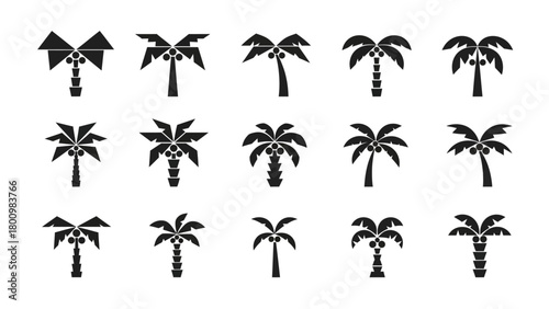 Set of black palm tree silhouette icons for tropical summer and vacation design elements
