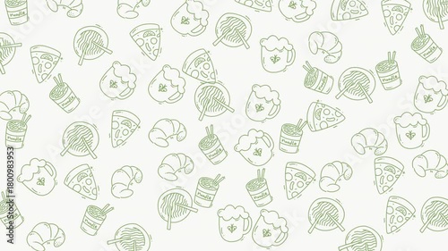 Pale green doodles of food and drink items perfect for menu designs, recipe cards, and foodrelated projects. Vibrant and charming illustrations.