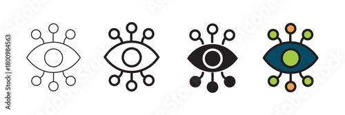Set of minimalist eye icons with transparent background, depicting visual data processing, network observation, digital privacy controls, AI vision systems, vector illustration