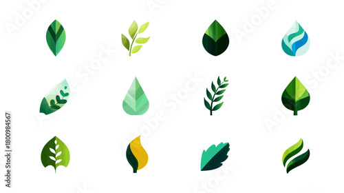 Set of diverse green stylized leaf icons and nature logos. Eco-friendly plant and organic growth symbols for design.