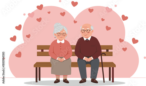 Cute elderly couple sitting together on bench with heart background, romantic old people love illustration for valentine and family theme