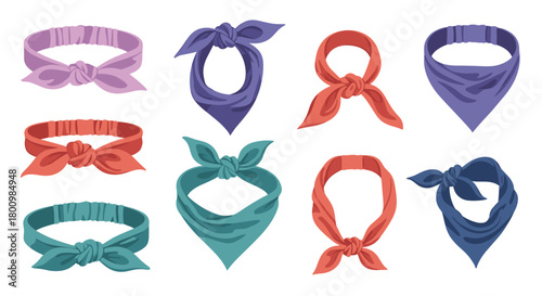 A collection of colorful fabric headbands and stylish bandanas, tied and folded in various ways, showcasing fashionable hair and neck accessories.
