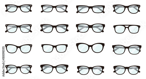 A diverse collection of black-framed eyeglasses in various modern and classic styles, ideal for fashion, vision, and accessory concepts.