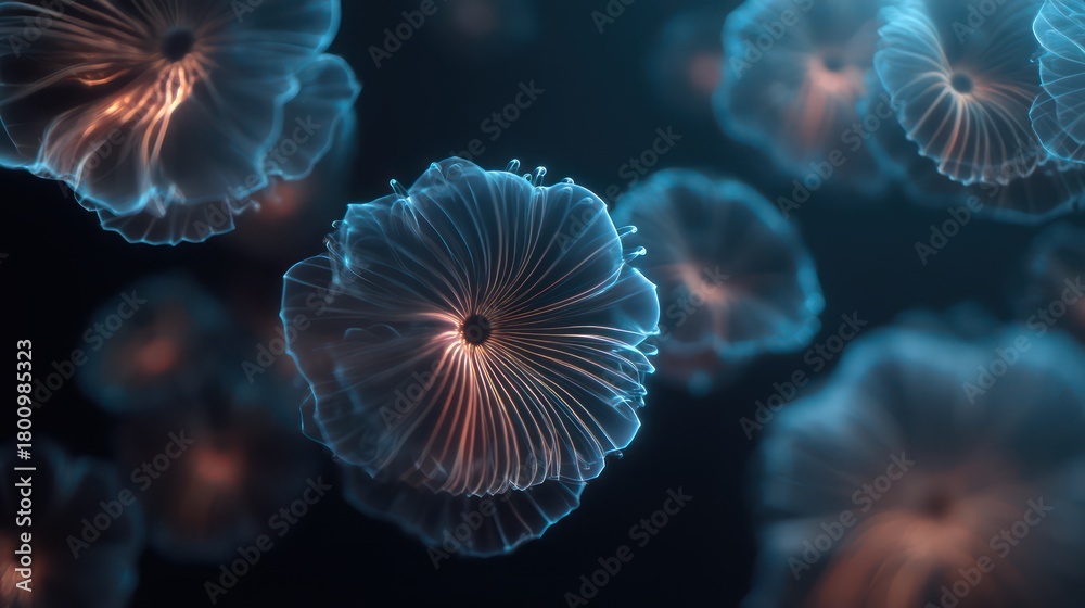 Fototapeta premium A seamless repetition of glowing bioluminescent spores drifting in rhythmic swirls particle ultra-detailed sharp with subtle light trails