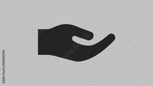 Black silhouette open hand icon on grey, representing help, care, give, receive, offer, or request gesture.