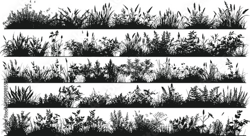 Bush plant garden shrub silhouette vector set, dense botanical foliage, landscape nature greenery element, botanical outdoor design black illustration.