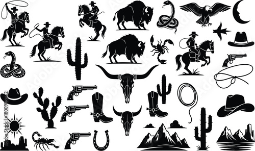 Cowboy western wild west icon set vector, desert landscape animals cactus skull, vintage rodeo American frontier, sheriff, adventure illustration.