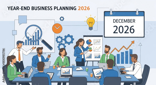 Year-End Business Planning 2026 with Team Strategy Meeting and Data Analysis illustration