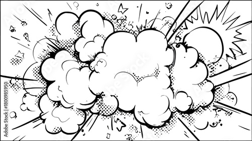 Comic book style explosion burst with smoke and dust clouds, black and white pop art impact design element, dynamic action background