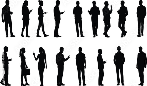 Set of business and casual people standing silhouette icons, vector conversation, discussion pose, team, group, human communication art.