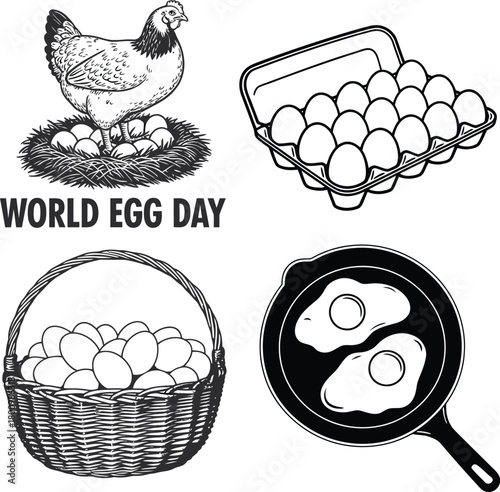 Chicken, eggs, basket, carton, fried eggs line art for world egg day
