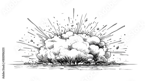Hand-drawn illustration of a powerful explosion with smoke, dust, and debris, featuring radial lines for dynamic impact in comic style.