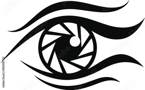 Stylized eye with camera aperture pupil, black and white icon