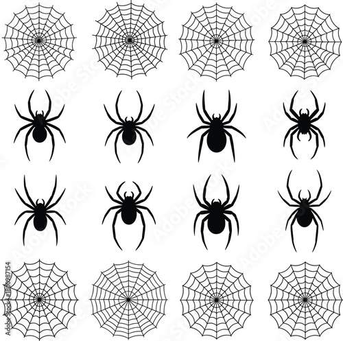 Black Silhouette Spider and Spiderweb Icons Set for Seamless Pattern, Halloween, and Spooky Horror Design Vector.