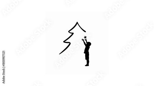 Child reaching for star on top of christmas tree silhouette