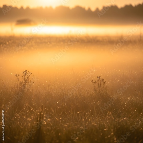 A serene sunrise over a foggy field with dew-covered grass and distant trees creating a peaceful natural landscape scene