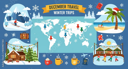 Global Winter Explorer Map – Travel Icons, Snow Mountains and Activities