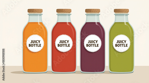 Four colorful bottles of fresh juice lined up