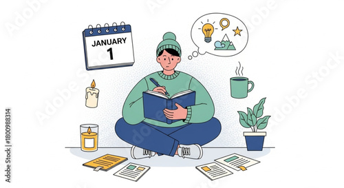 Woman Doing Mindful Writing illustration– Self-Care, Learning and Idea Generation