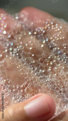 Hand foam texture footage video micro lens details for advertising content