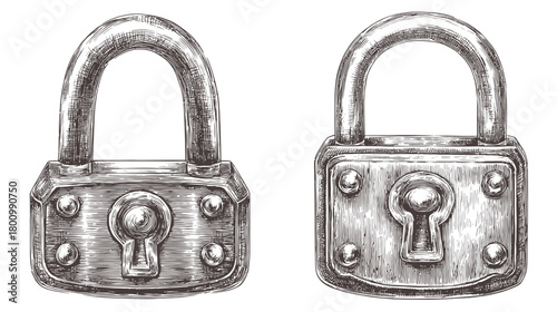 Vintage hand-drawn padlocks illustration set. Antique metal lock sketch for security, privacy, and protection concepts.