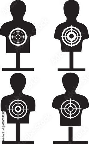 Four humanoid target silhouettes with bullseyes
