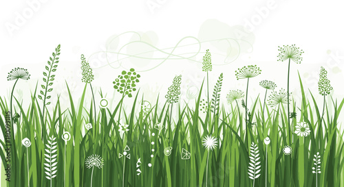 Fresh green grass border with stylized wildflowers and abstract botanical elements on a light background.