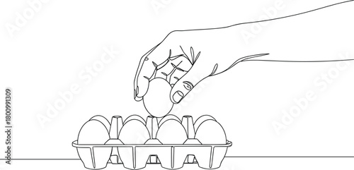 Continuous Single Line Art Drawing of a Hand Placing an Egg into a Carton for Cooking, Food, and Grocery Themes Vector.
