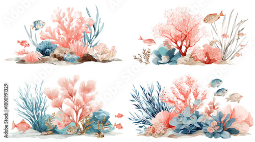 A soft watercolor coral reef illustration featuring colorful corals, sea plants, fish, and marine life in pink and blue tones. Ideal for ocean themes, nature decor, and underwater design.