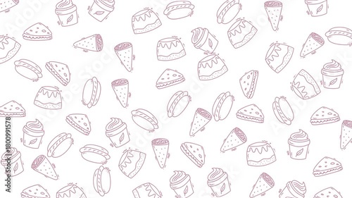 Doodle Foodthemed digital composition featuring tacos, cake, ice cream, and pie on a white background. Perfect for food blogs, menus, social media posts.
