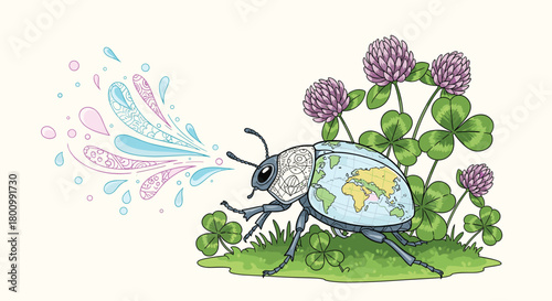 An imaginative beetle with a world map on its back emits ornate, colorful patterns, nestled in a patch of green clover and purple blossoms.