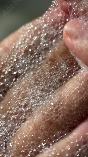Hand foam texture footage video micro lens details for advertising content
