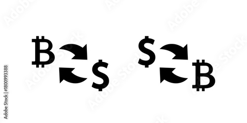 Crypto exchange icon. Bitcoin to dollar conversion arrow symbol. USD to BTC currency swap sign