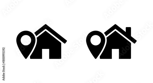 Home location icon. House with map pin symbol. Residential address sign