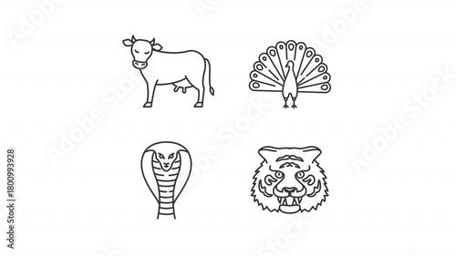 Spiritual animals line animation set. National symbols animated icons. Sacred cow. Hindu mythology, indian folklore. Outline elements on white background. HD video with alpha channel