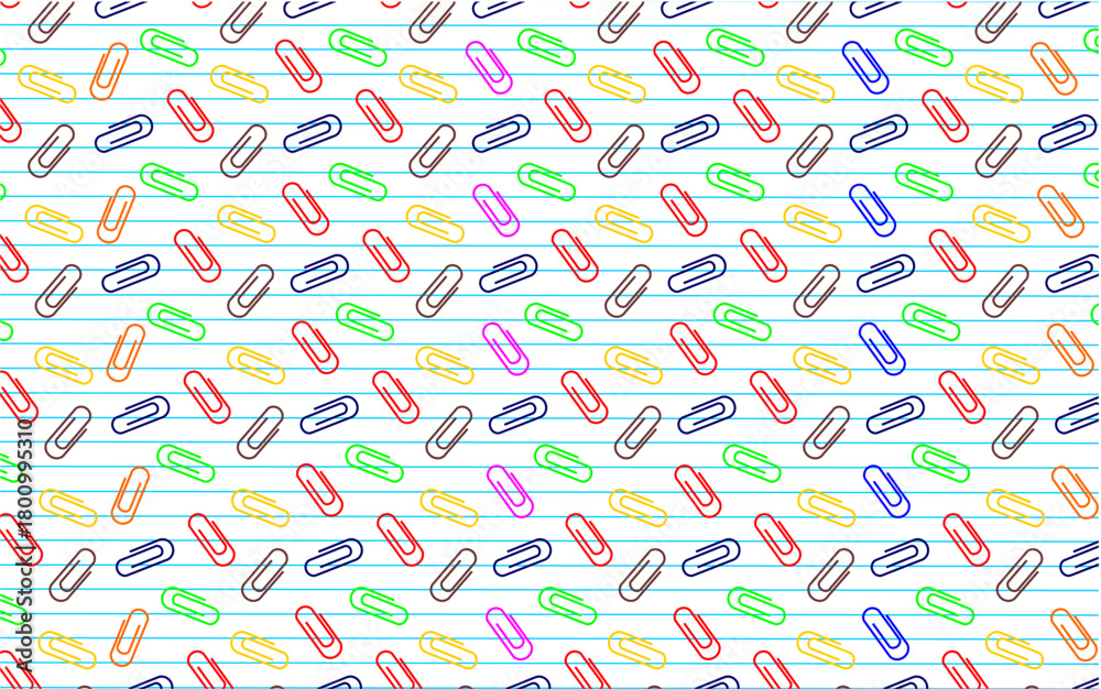 Fototapeta premium Colorful paper clip pattern. Paper clips seamless pattern background. Cute paper clips vector design. Education and office supplies pattern. Colorful paper clips pattern on lined notebook background.