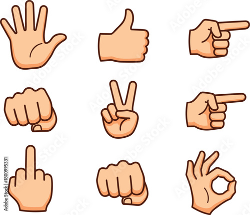 Cartoon Hand Gestures Icon Set Featuring Thumbs Up, Peace, Pointing, and Various Communication Signs Vector.