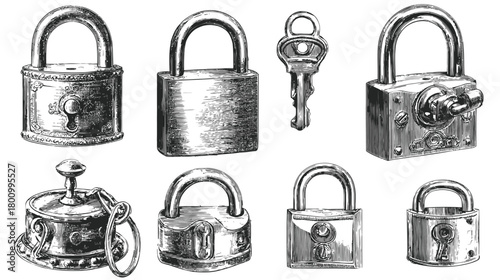Vintage Padlocks and Key Set Hand Drawn Engraving Illustration. Antique Security Locks Collection Sketch.