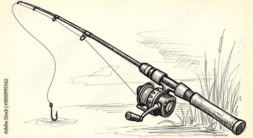 Detailed sketch of a fishing rod with a reel and hook, resting by the water's edge with reeds in the background.