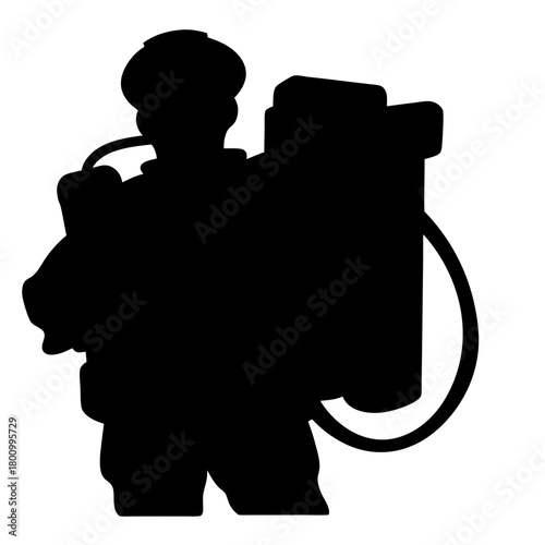 Silhouette of a man wearing a sprayer backpack on his back