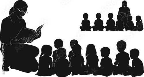 Teacher reading book to children, storytelling education, preschool learning, classroom silhouette, early childhood development, kids listening, group activity, nurturing minds