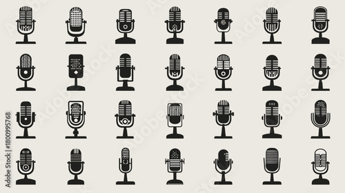 Collection of diverse microphone icons for audio recording, podcasting, broadcasting, voice communication, and sound production. Flat design set.