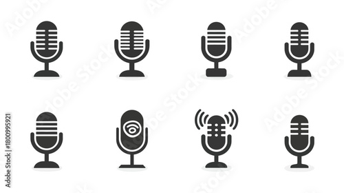 Set of diverse microphone icons, including retro and modern styles. Vector symbols for audio recording, podcasting, broadcasting, and voice control.