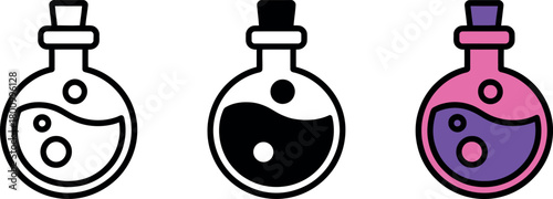 Three alchemic potions in glass bottles with liquid and bubbles vector illustration