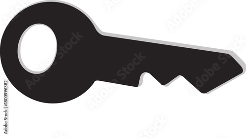 Minimalist black key illustration with subtle grey highlight. Unlock, access, security, solution, and privacy concept graphic.