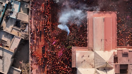 Vászonkép 4K Drone Aerial View of Braj Holi in Nandgaon, Mathura | Traditional Krishna Hol