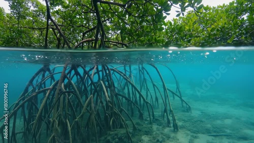 A captivating underwater view of a mangrove ecosystem with diverse plant and animal life.