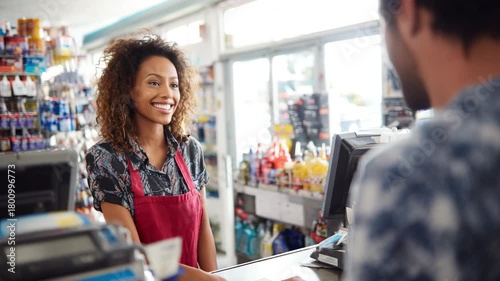 Smiling African American Cashier Interacting with Customer in Convenience Store